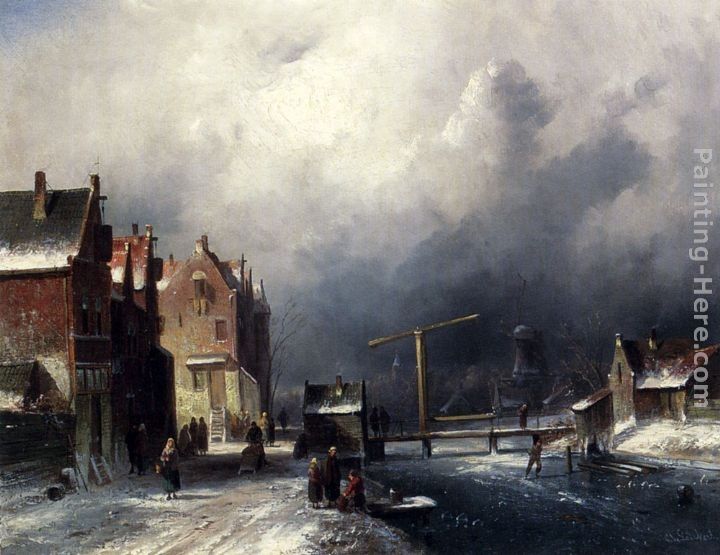 Charles Henri Joseph Leickert Figures In A Dutch Town By A Frozen Canal